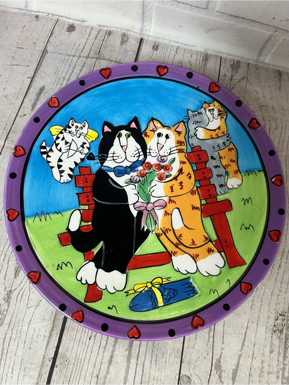 Vintage Catzilla Plate Candace Reiter Cats on a Bench in Love Cupid Decorative